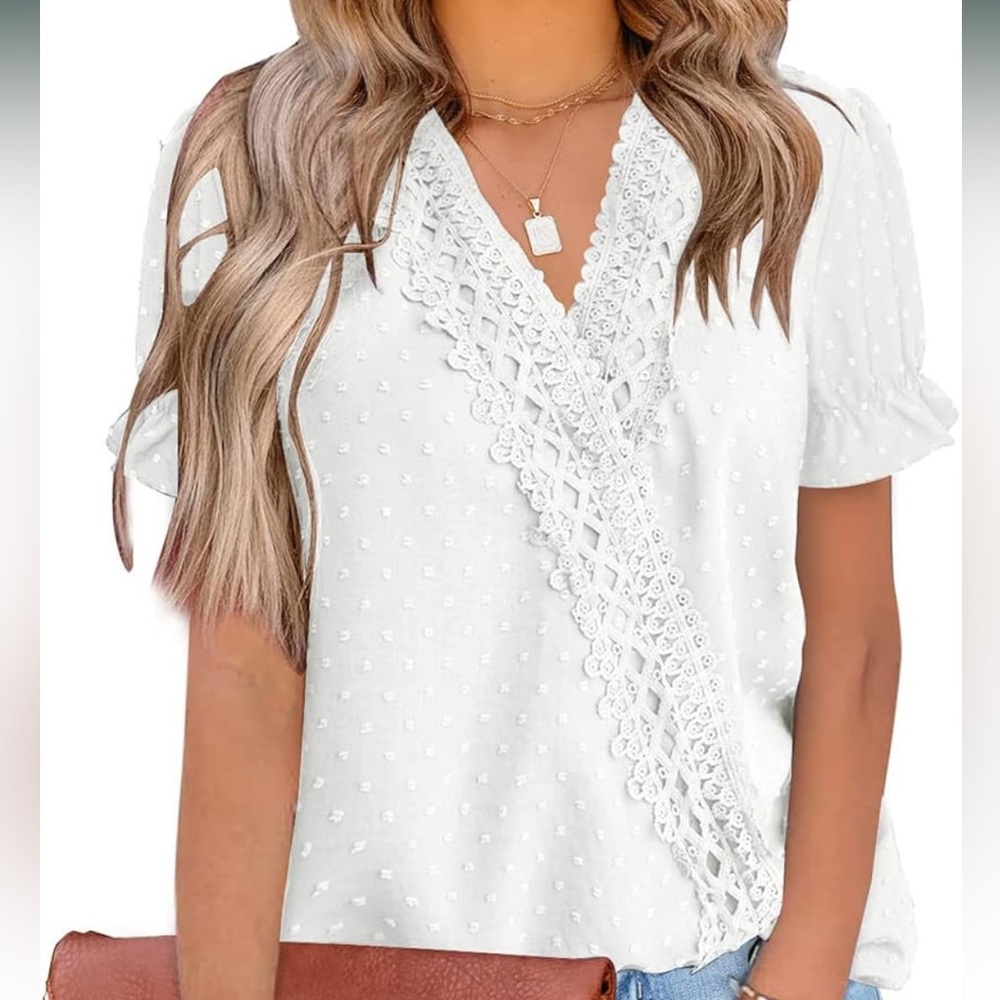 Poetsky Women's short Sleeve Dressy Lace V Neck Work Tops Pom Poms Shirt Large